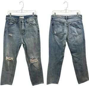 Free People Distressed High Rise Straight Jeans Dirty Wash Blue Denim Casual